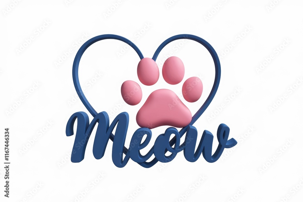 Poster 3D render of a paw print inside a heart with the word Meow.