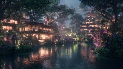 Fototapeta premium Tranquil Cyberpunk Lakeside Retreat: Futuristic Urban Oasis with Glowing Flora and Serene Nature Amid City Life - Night Scene Photorealistic Artwork