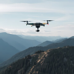 Fototapeta na wymiar Drone Flying Over Majestic Mountain Landscape During Sunrise