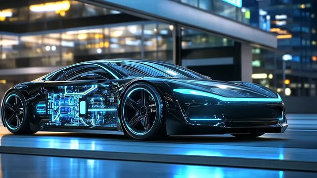 A futuristic design of an electric vehicle with a cutaway showing the battery modules, cooling system, and regenerative energy pathways glowing in blue and green hues