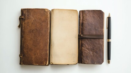 A flat lay of vintage-style notebooks and pens on a white background.--ar 16:9