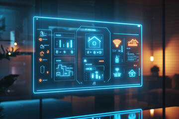 Smart home interface glowing on glass wall