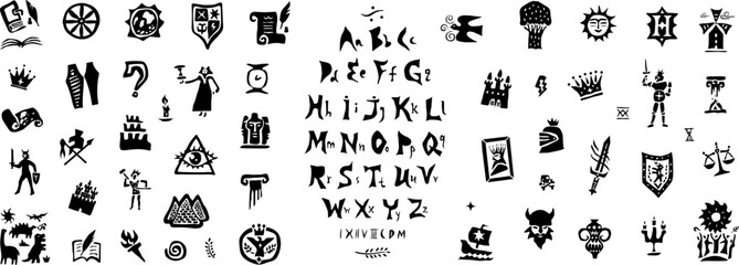   fairy tale history alphabet vector icon set , characters signs and symbols graphic illustration collection
