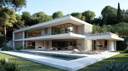 A luxury villa with modern architecture and stunning interior spaces.