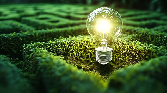 A glowing lightbulb suspended in the air at the heart of a meticulously crafted green maze, the surrounding paths in shadow except for the lit center