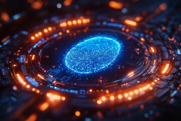 Glowing fingerprint above a digital vault showcasing the futuristic security of personal data with neon blue highlights