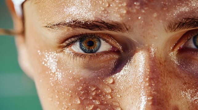Intense Determination: Close-up of Tennis Player with Beads of Sweat, Focused Eyes, and Passion for the Sport