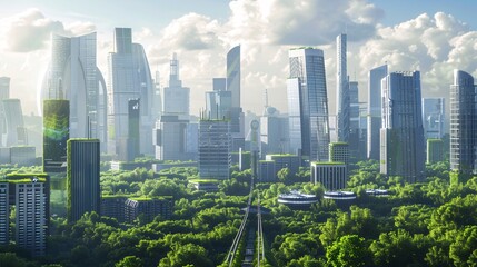 Obraz premium Aerial perspective of a modern futuristic cityscape with towering glass and steel skyscrapers surrounded by lush green spaces and trees