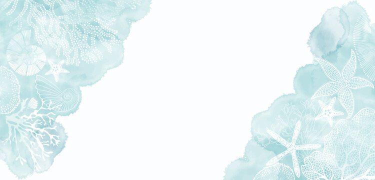 Luxury vector design with underwater plants, shells, starfish, corals, sea creatures and  watercolor splash. Template design for text, packaging and prints. Art sea background. Corner composition.