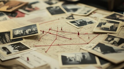 A collection of photographs and a map connected by red string, suggesting investigation or research.