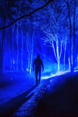 A man walking through an eerie, blue, misty forest at night, with trees casting black shadows.