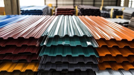 Colorful Metal Roofing Sheets Stacked in Warehouse