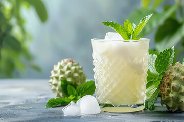 Refreshing Soursop Juice in a Mason Jar with Soursop Fruit Slices and Tropical Drink Garnish, Healthy Beverage