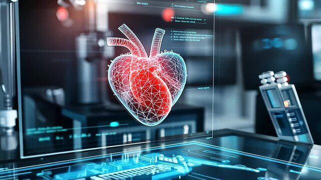 A modern bioprinting setup with a heart being printed in intricate detail, surrounded by tubes of bio-ink and holographic data projections