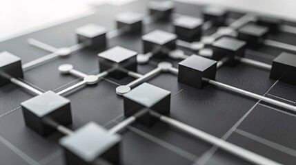 Sleek and Geometric Abstract Cube Arrangement in Monochrome Minimalist Digital Artwork Featuring a Structured Grid of Intersecting Angular Black Cubes and Shapes Against a Plain White Background