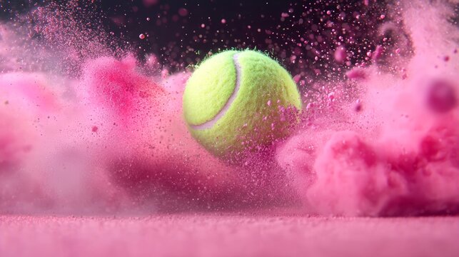 Energetic Tennis Ball Bouncing Off Court with Vibrant Explosion of Colors - Dynamic Sports Action Photography