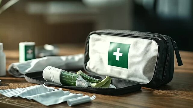 A neatly organized first aid kit open on a wooden table, featuring a prominently placed aloe vera gel tube surrounded by bandages, antiseptic wipes, and a thermometer