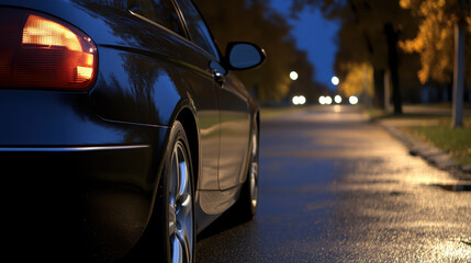 Naklejka premium A car parked on the side of a road, conveying a sense of stillness and solitude - Urban Chaos