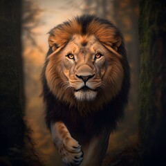 Obraz premium Dramatic chiaroscuro photography captures a majestic lion asserting its dominance its fierce golden eyes piercing the viewer as it lifts its leg to spray its scent marked territory within a dense