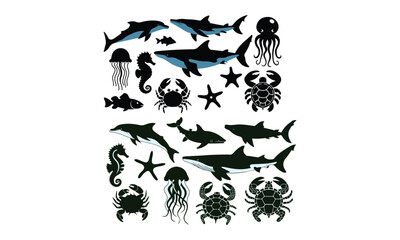 Set of 18 Ocean Animal Silhouettes, Sharks, Dolphins, Octopus, Crabs, and Starfish