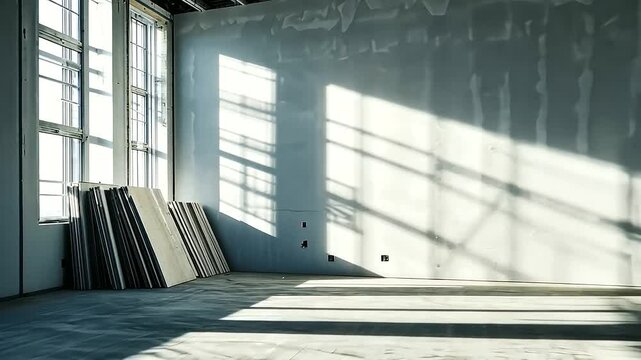 A row of pristine drywall sheets leaning against a freshly framed wall, surrounded by construction equipment and a dusty floor