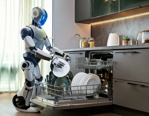 robot humanoid is putting dishes to the dishwasher on the kitchen