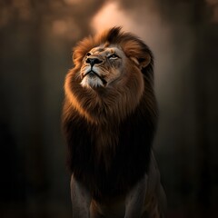 Obraz premium Majestic lion standing tall and proud its mane billowing in the wind as it marks its territory with a powerful spray of pheromone rich urine to assert dominance over its hunting grounds