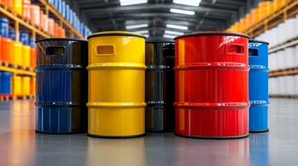 Colorful barrels arranged in a warehouse, showcasing storage solutions for industrial materials