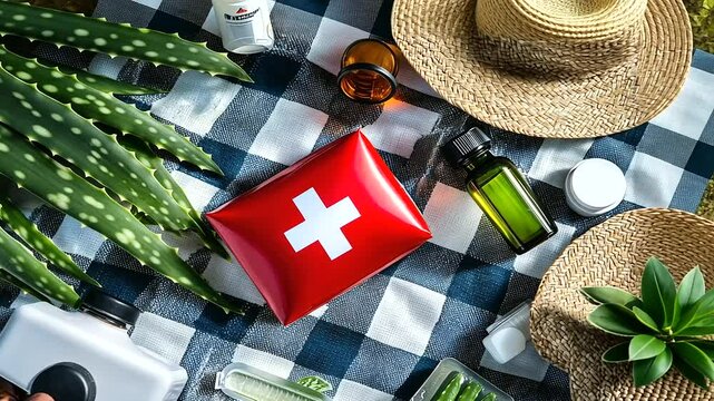 A top-down view of a first aid kit on a picnic blanket, with an aloe vera gel tube as the focal point, surrounded by other natural remedies and essentials