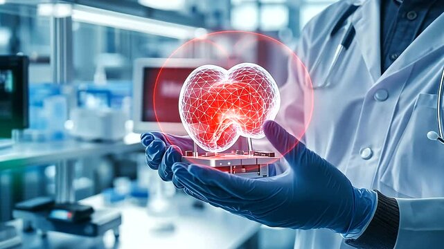 A vibrant image of a scientist holding a D-printed liver with sterile gloves, with a bioprinter visible in the background amidst a futuristic lab setup