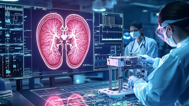 A vibrant lab scene featuring a D printer creating a human kidney, with researchers observing and holographic projections displaying medical data