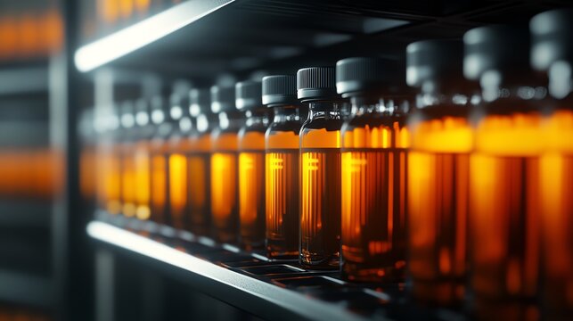 Rows of amber bottles on a dark shelf.