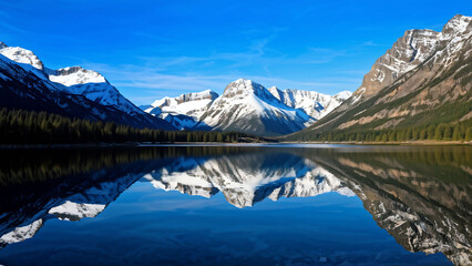 Naklejka premium A mountain mirror lake with snow-capped mountains and forest. Reflection of the mountains.