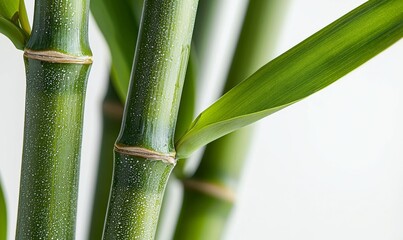 Fototapeta premium Close-up of green bamboo stalks and leaves, showcasing their texture and vibrant color against a neutral background.