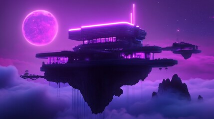 Futuristic floating mansion in clouds at night with pink moon.