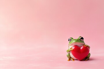 valentines day postcard romantic green frog holding red heart on pink background with copy space