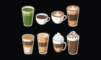 Illustration of Coffee and Tea Cups with Layered Drinks and Whipped Toppings