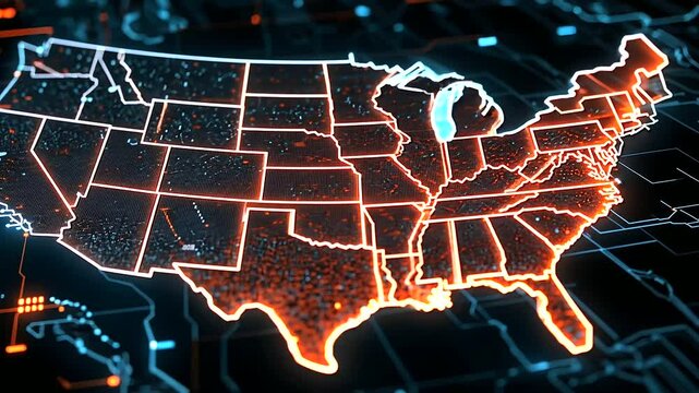 A vibrant USA map featuring glowing points of light that highlight industrial zones, with animated charts emerging from major cities showing economic trends