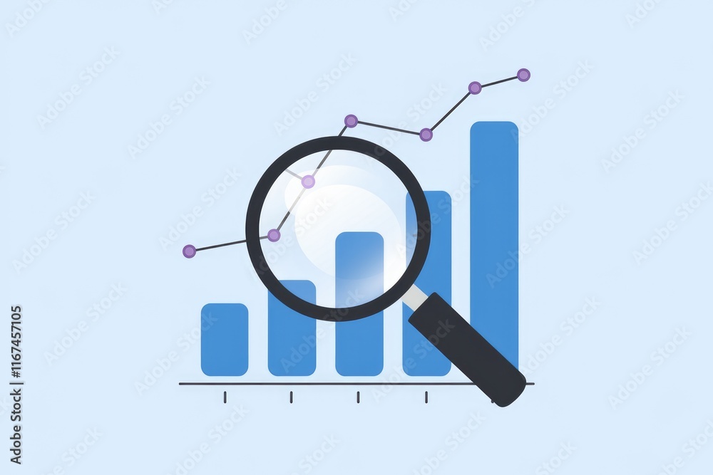 Poster Magnifying glass analyzing a bar graph showing upward trend and data points.
