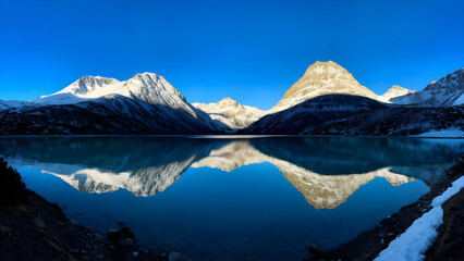 Naklejka premium A mountain mirror lake with snow-capped mountains and forest. Reflection of the mountains.