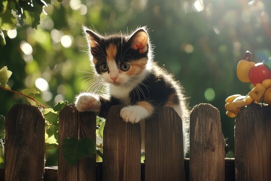 photo of a playful calico kitten climbing a wooden fence on sunny backyard background