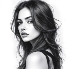 Una mujer con cabello largo y ondulado, capturada en un retrato artístico en blanco y negro, que resalta la textura y el movimiento natural de su melena, ideal para campañas de belleza y moda 