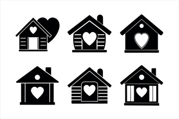 Simple Black and White House Icons with Hearts design