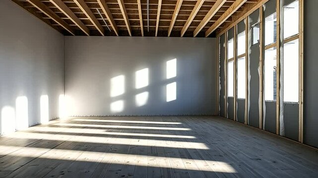 Stacked drywall sheets in a partially built room, with beams and insulation visible, highlighting the transition from framing to finishing