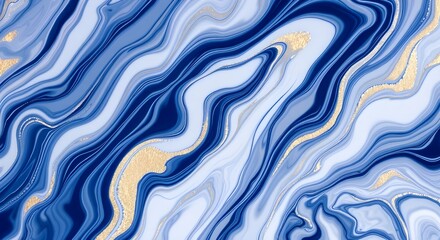 Obraz premium Swirling waves of blue and white blend elegantly with hints of gold, creating a vibrant abstract design. The fluid motion evokes a sense of calm and infinite beauty.
