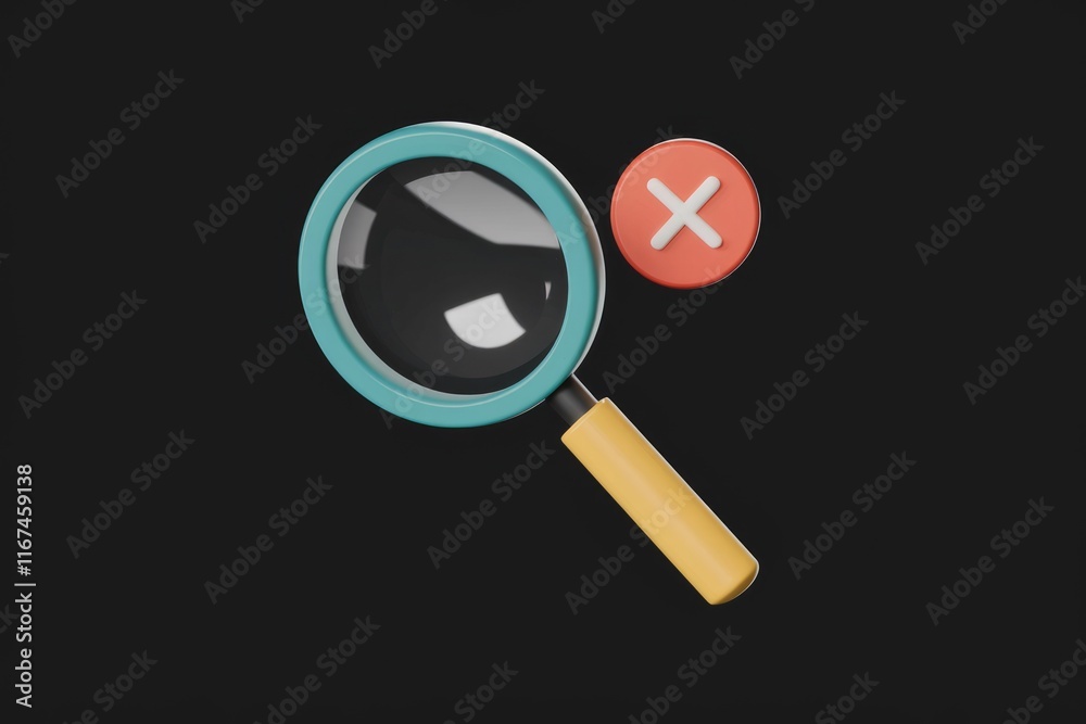 Poster A 3D rendering of a magnifying glass with a red 'X' signifying a failed search or unsuccessful finding.