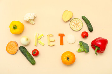 Composition with word KETO and different fresh vegetables on color background