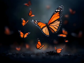 Obraz premium Monarch butterfly colony with delicate wings fluttering in unison showcasing vibrant orange and black markings under soft focus and chiaroscuro lighting evoking a romantic era inspired aesthetic
