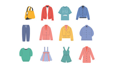 Modern vector illustration set of trendy clothing and accessories, perfect for fashion, design, and styling projects.