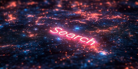 Digital neon representation of the word search glowing against a cosmic background filled with vibrant colors and star-like elements